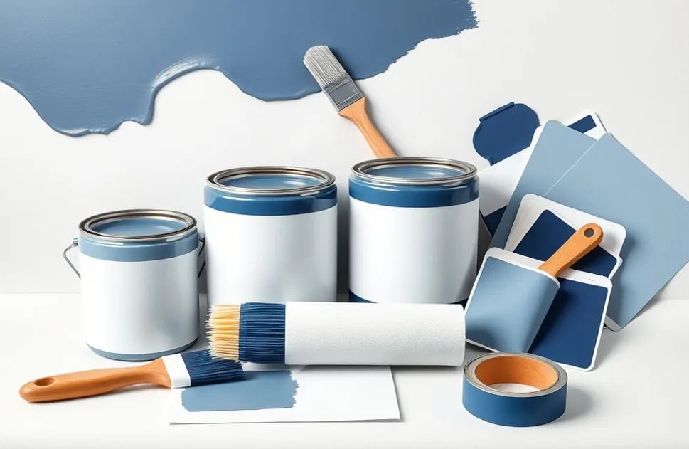 Pots de peinture, nuancier, brosses et rouleaux disposés à plat