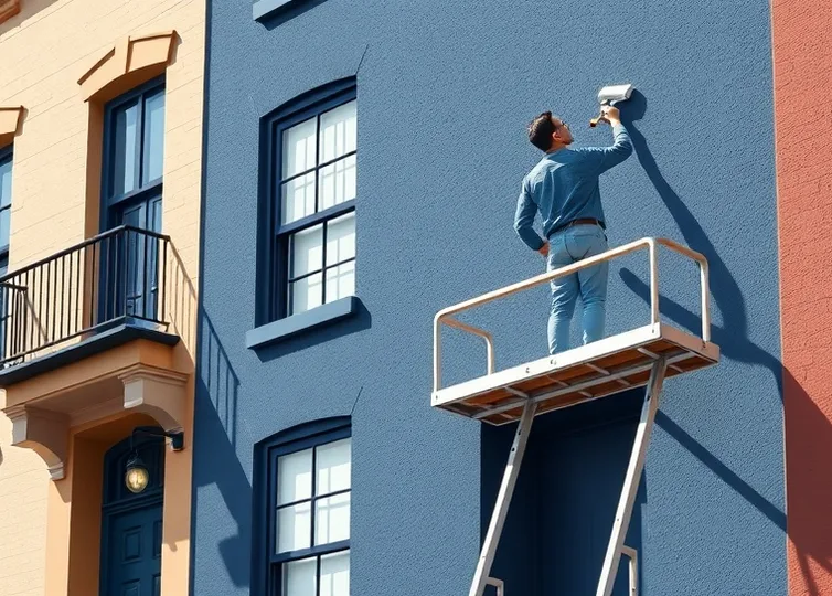 Peintre sur échafaudage traitant la façade d'une maison